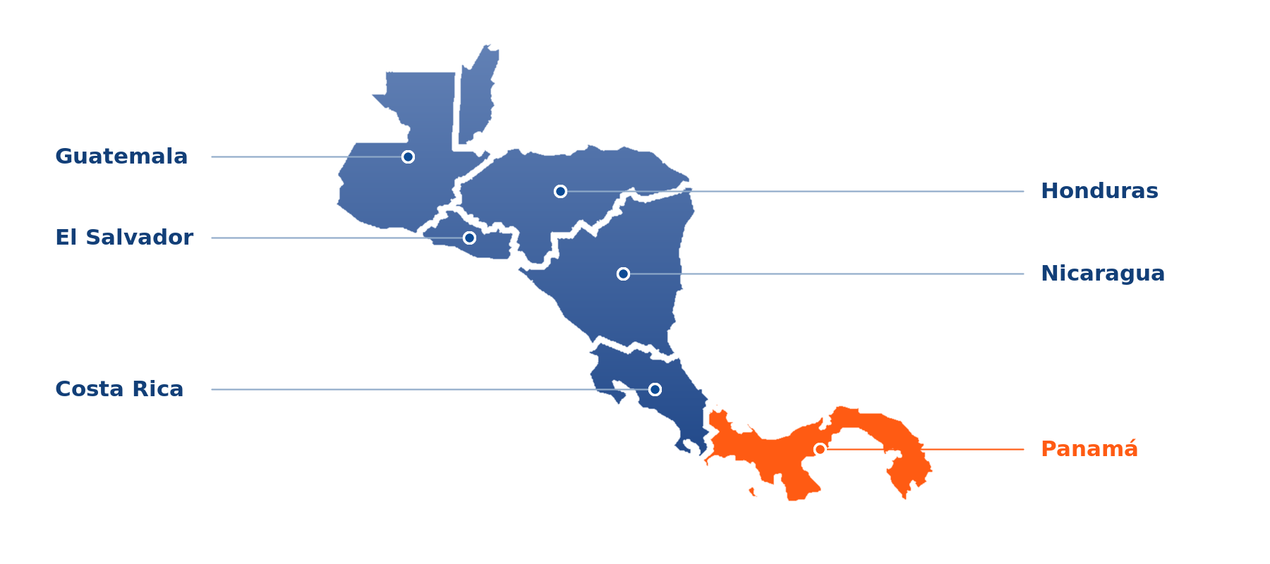 Mapa de cobertura de Grupo Multi Romanas en Guatemala, Honduras, El Salvador, Nicaragua, Costa Rica y Panamá