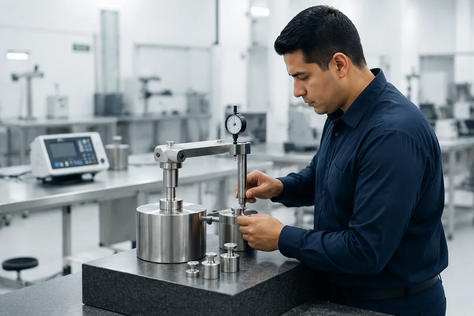 Técnico realizando una calibración en el laboratorio de metrología